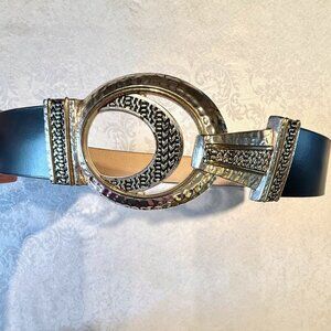Chico’s Double Circle Interlock Belt – Black w/ Silver & Gold Metal Clasp – Size
